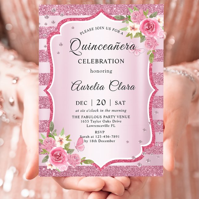Pink Floral Quinceañera birthday Invitation (Creator Uploaded)