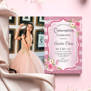 Pink Floral Quinceañera Birthday Photo Invitation