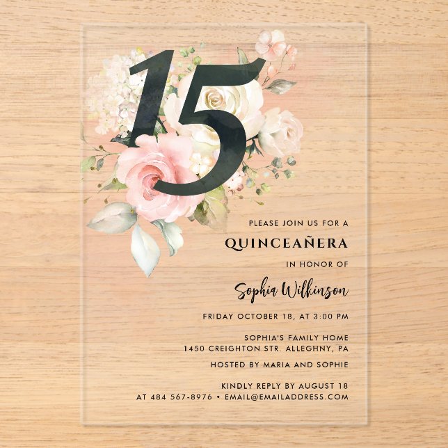 Pink Floral Quinceanera Celebration Acrylic Invitations (Front)