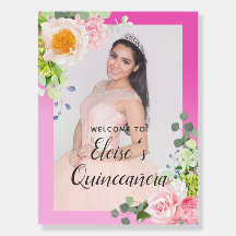 Pink Floral Quinceañera Event Board Welcome Sign