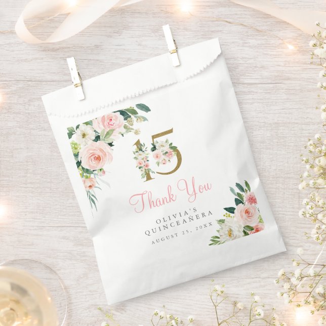 Pink Floral Quinceañera Favor Sacs Blush Rose 15 (Coupé)