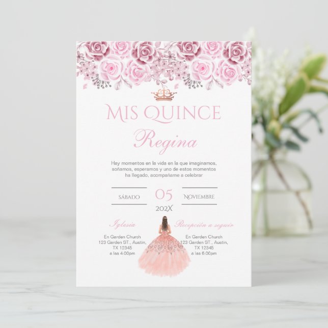 Pink Floral Quinceanera invitation Spanish (Standing Front)
