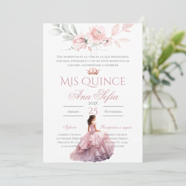 Pink Floral Quinceanera invitation Spanish (Standing Front)
