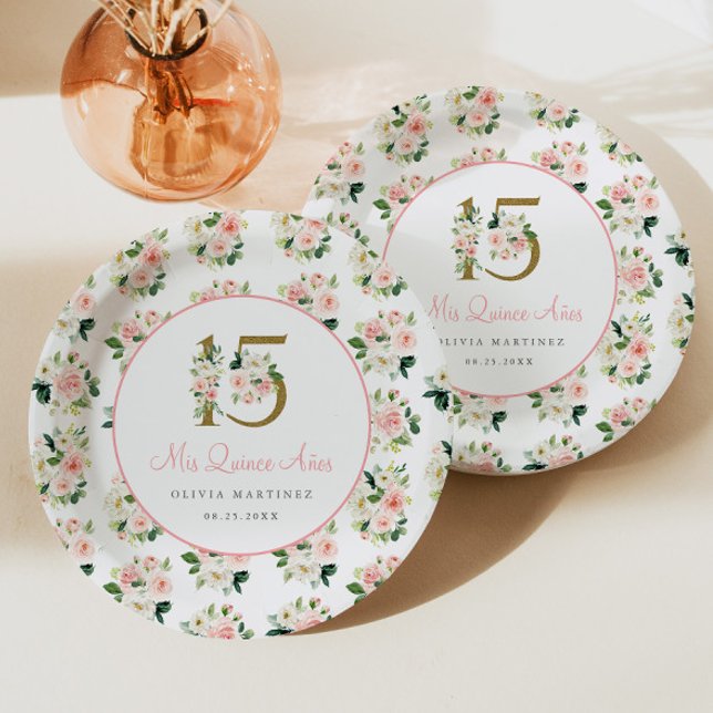 Pink Floral Quinceañera Paper Plate Mis XV 15 Años (Creator Uploaded)