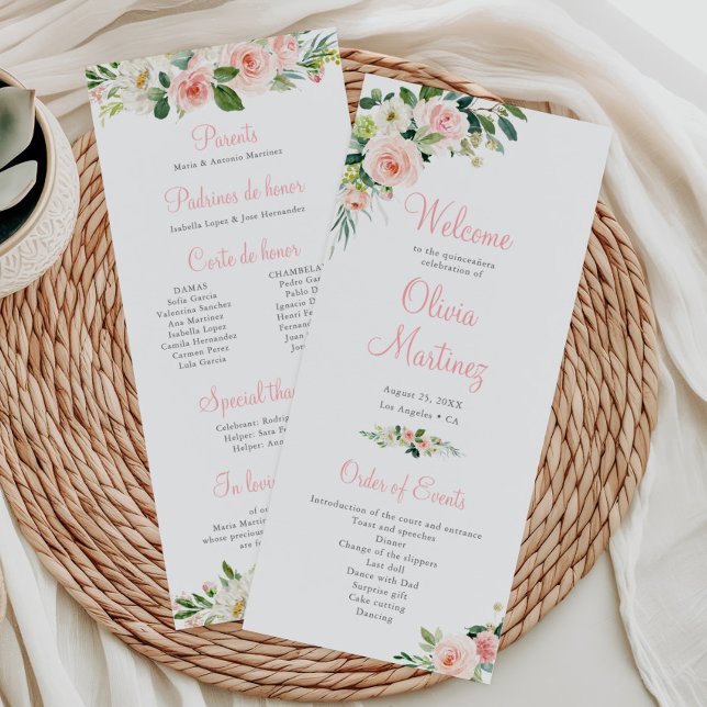 Pink Floral Quinceañera Program Order of Events (Creator Uploaded)