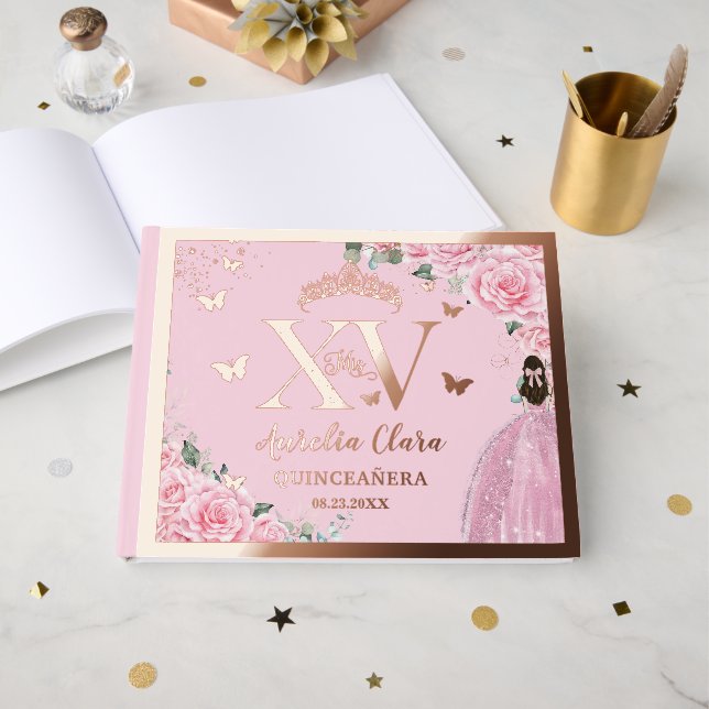 Pink Floral Quinceañera Quince 15 XV Rose Gold Guest Book (Front Open)