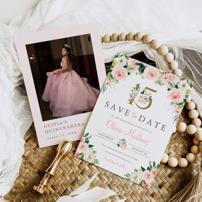 Pink Floral Quinceañera Save the Date Photo Roses (Creator Uploaded)