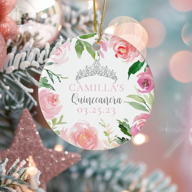 Pink Floral Quinceañera Silver Tiara Christmas Ceramic Ornament (Creator Uploaded)