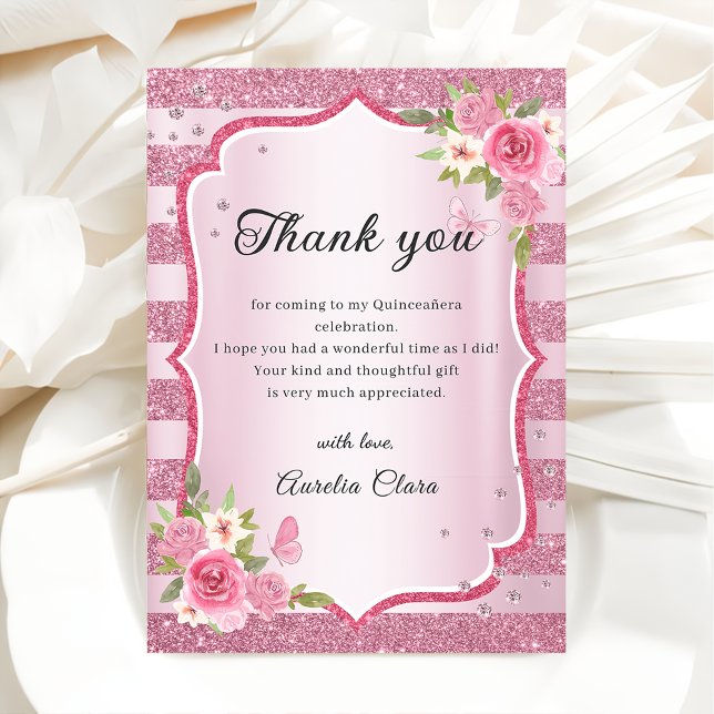 Pink Floral Quinceanera Thank You Card (Creator Uploaded)