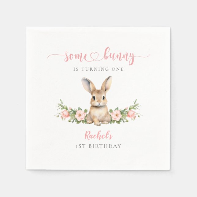 Pink Floral Rabbit Some Bunny 1st Birthday Napkin (Front)
