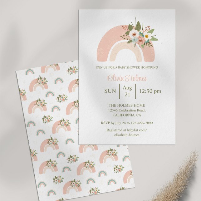 Pink Floral Rainbow Baby Shower Invitation (Pink Floral Rainbow Baby Shower Invitation on white table next to dry pampas grass.)