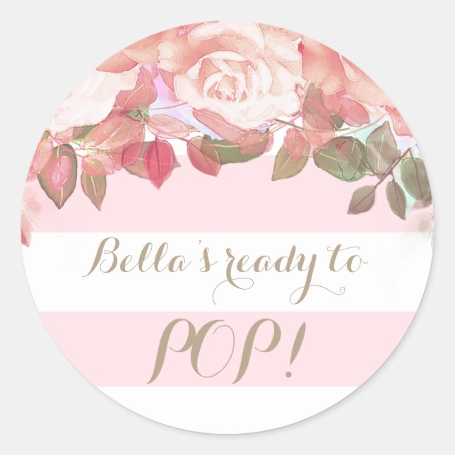 Pink Floral Ready to Pop Baby Shower Stickers (Front)