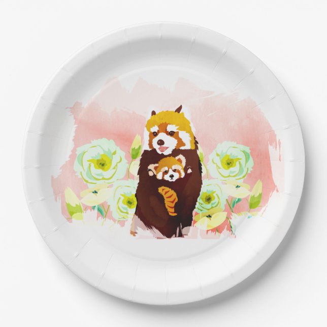 Pink Floral Red Panda Paper Plates 9" (Front)