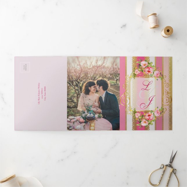 Pink Floral Regency Era Wedding Tri-Fold Invitation (Outside)