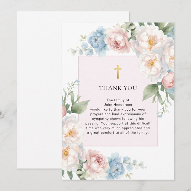 Pink Floral Religious Funeral Thank You Card (Front/Back)