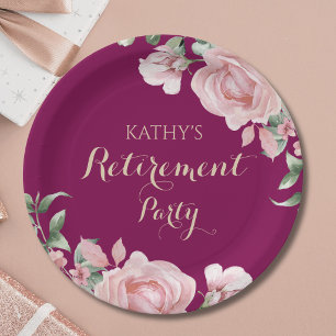 Pink Floral Retirement Party Paper Plate