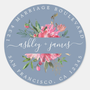 Pink Floral Return Address Blue Envelope Seal