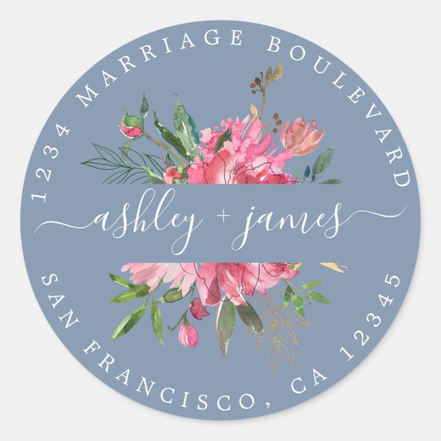 Pink Floral Return Address Blue Envelope Seal (Front)