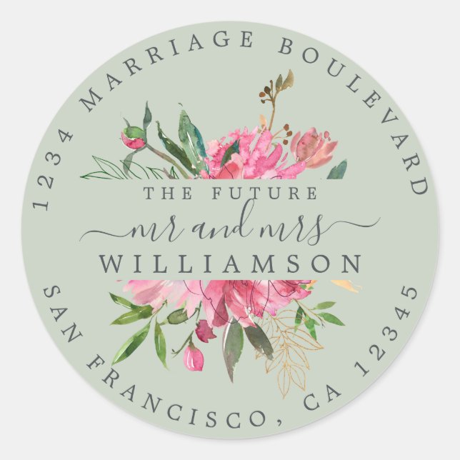 Pink Floral Return Address Green Envelope Seal (Front)