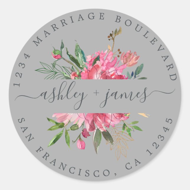 Pink Floral Return Address Grey Envelope Seal (Front)