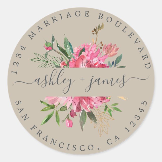 Pink Floral Return Address Grey Envelope Seal (Front)