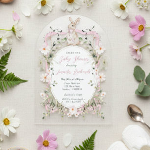Pink Floral Ribbon Baby Bunny Baby Shower Acrylic Invitations