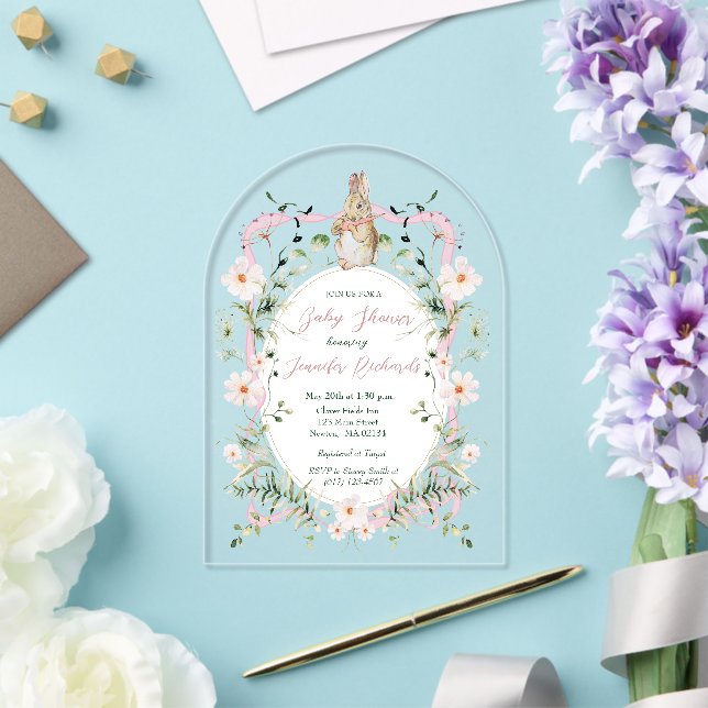 Pink Floral Ribbon Baby Bunny Baby Shower  Acrylic Invitations (Insitu (Wedding))