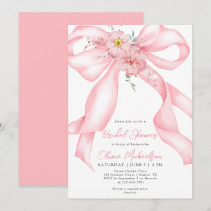 Pink Floral Ribbon Bow Boho Coquette Bridal Shower Invitation