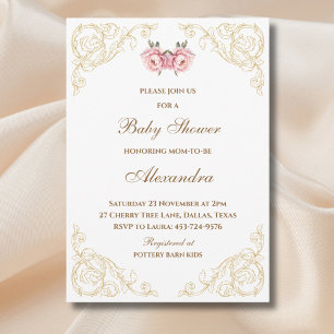 Pink Floral Rococo Vintage Peony Baby Shower Invitation