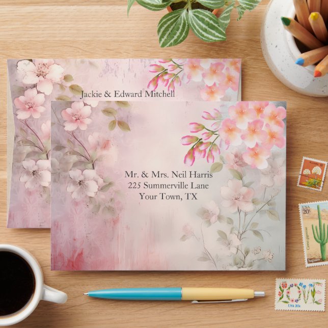 Pink Floral Romantic Wedding Envelope (Desk)