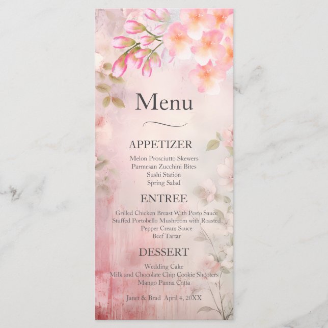 Pink Floral Romantic Wedding Menu (Front)