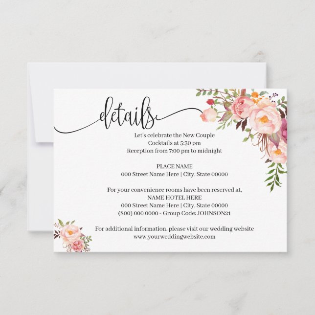 Pink Floral Romantique boho chic insert carte (Devant)