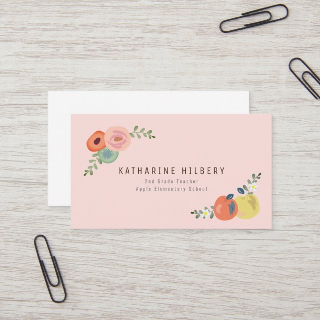Pink Floral Rose & Apples Teacher Business Card (Front/Back In Situ)