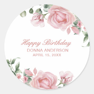 Pink Floral Rose Birthday Party Plate Classic Round Sticker