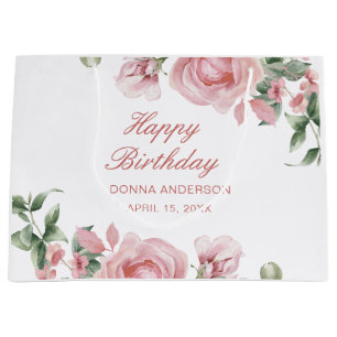 Pink Floral Rose Birthday Party Plate Large Gift Bag