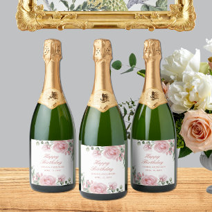 Pink Floral Rose Birthday Party Plate Sparkling Wine Label