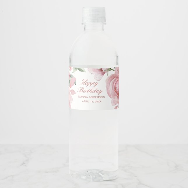 Pink Floral Rose Birthday Party Plate Water Bottle Label (Front)