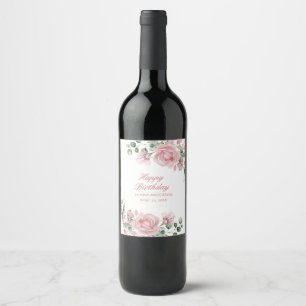 Pink Floral Rose Birthday Party Plate Wine Label