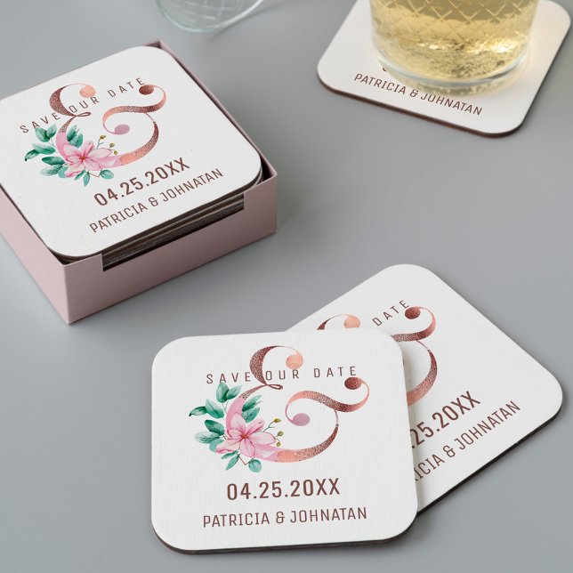 Pink floral rose gold ampersand save date wedding square paper coaster (Creator Uploaded)