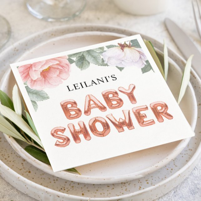 Pink Floral Rose Gold Balloon Baby Shower Napkin (Peony floral design with rose gold balloon letters for an elegant baby shower napkin.)