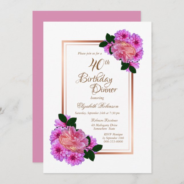 Pink Floral Rose Gold Border 40th Birthday Dinner Invitation (Front/Back)