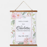 Pink Floral Rose Gold Christening Welcome Sign