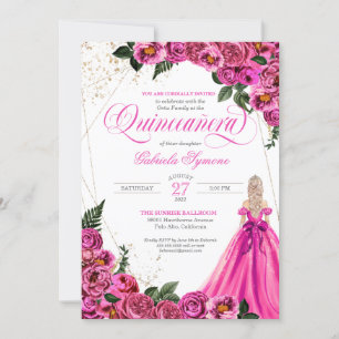 Pink Floral Rose & Gold Elegant Gown Quinceañera I Invitation