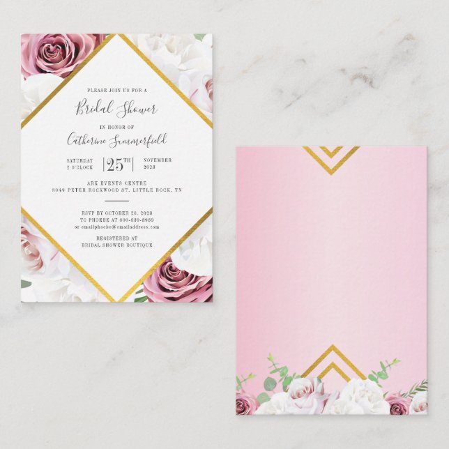 Pink Floral Rose Gold Geometric Bridal Shower  Card (Front/Back)