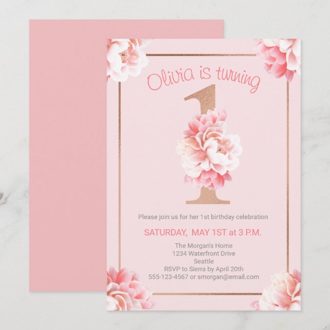 Pink Floral Rose Gold Girl's First Birthday Party Invitation (Front/Back)