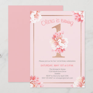 Pink Floral Rose Gold Girl's First Birthday Party Invitation