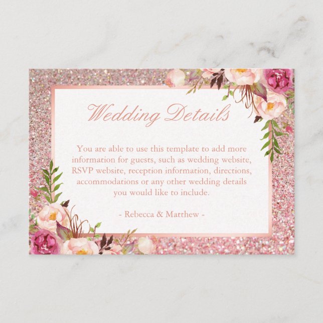 Pink Floral Rose Gold Glitter Wedding Details Info Enclosure Card (Front)