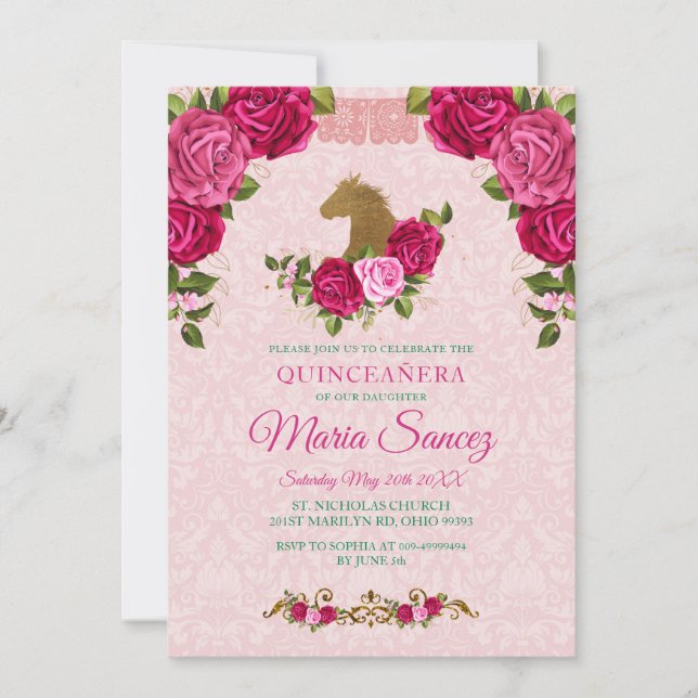 Pink Floral Rose & Gold Horse Quinceanera Birthday Invitation (Front)