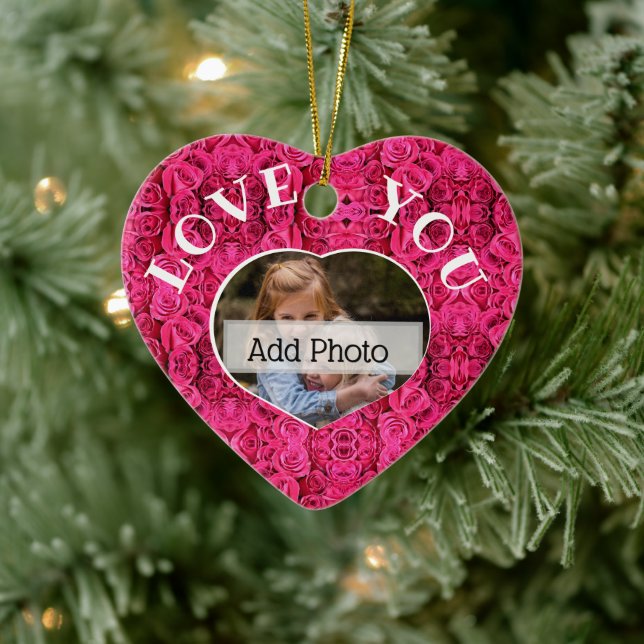  Pink Floral Rose Love You Heart Photo frame Ceramic Ornament (Tree)