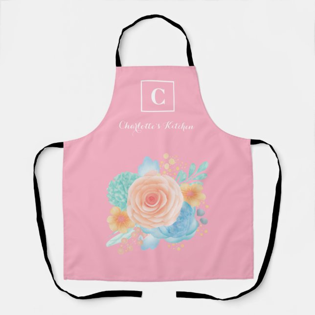 Pink Floral Rose Monogram Apron (Front)